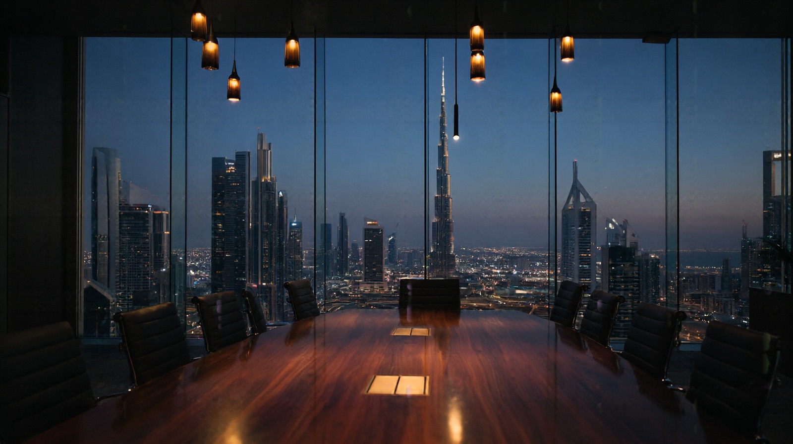 An empty boardroom high above Dubai at blue hour, amber lights over a long walnut table, the city's towers beyond the glass.