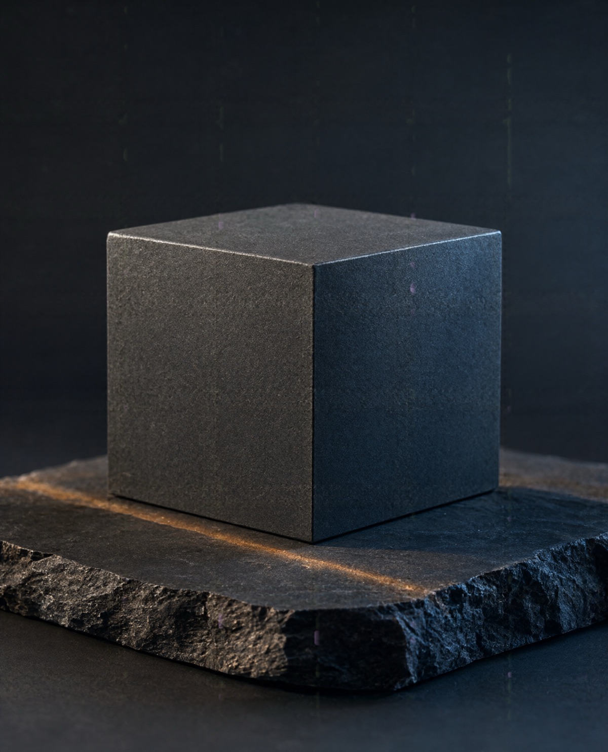 A solid graphite cube on black basalt, one edge lit in amber.
